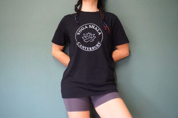 black tee YSC white print (5) (1) Organic Yoga Tee | Unisex Tshirt | Yoga Shala Canterbury