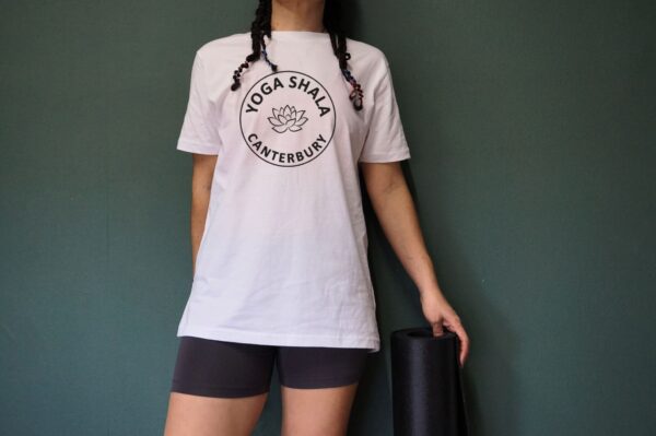 white plain top (8) YSC black print yoga shala canterbury logo tee